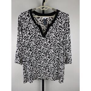 Chico's 3/4 Sleeve Stretchy Knit Top Top Black Ivory Print